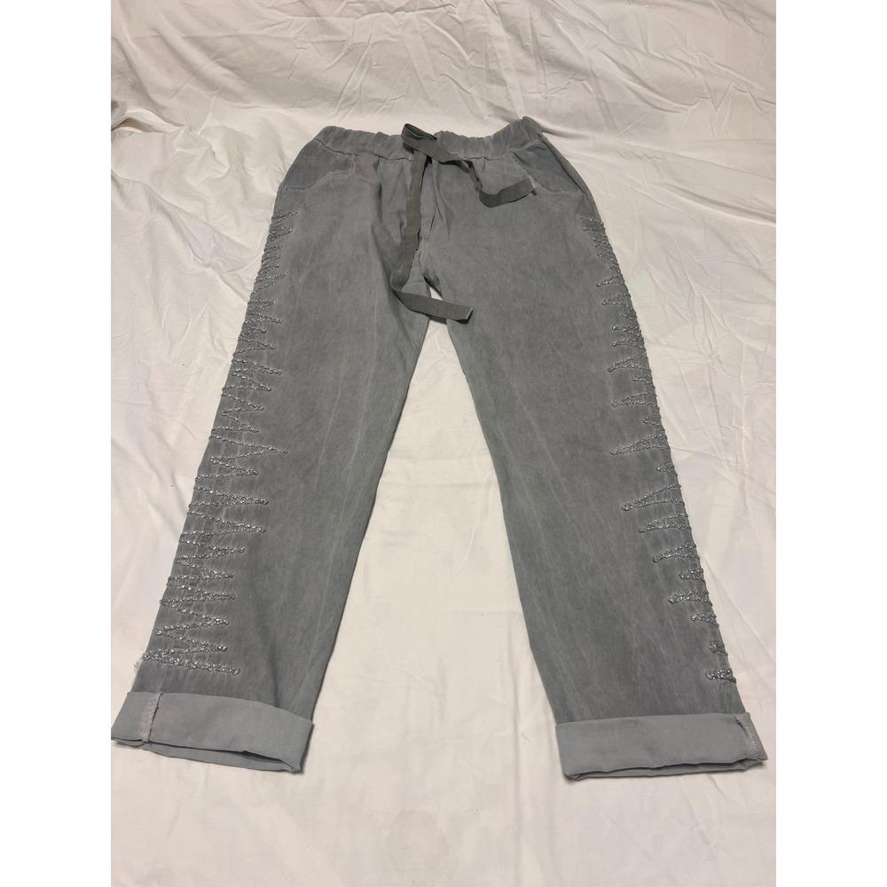 Marisima Italy Gray Glitter Zig Zag Embroidered Jogger Pants Drawstring One Size